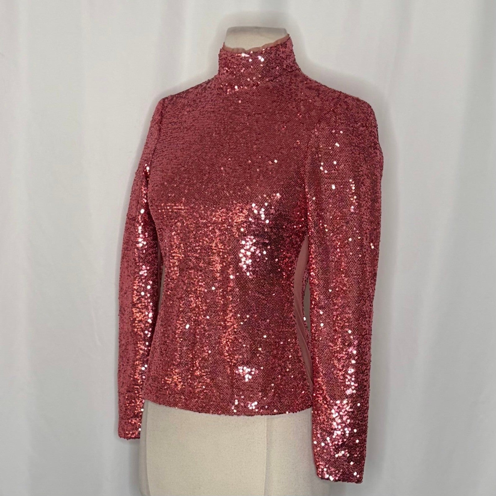 CINQ A SEPT Joan Sequin Top Blouse Rosewood Pink Mock Neck Sequinned X-Small
