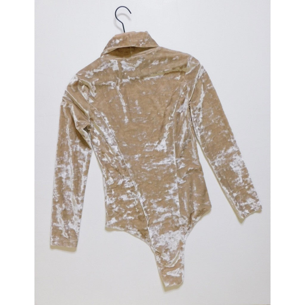 ZARA Velvet High Neck Bodysuit Top Champagne Ecru Fitted Snaps Party X-Small