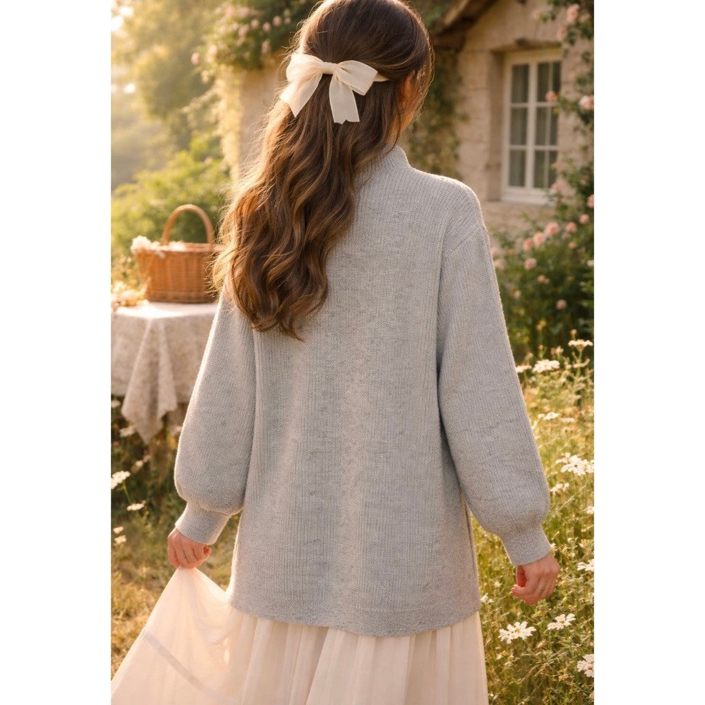 GUDRUN SJODEN Mock Neck Shaker Knit Sweater Heathered Gray Wool Yak Large