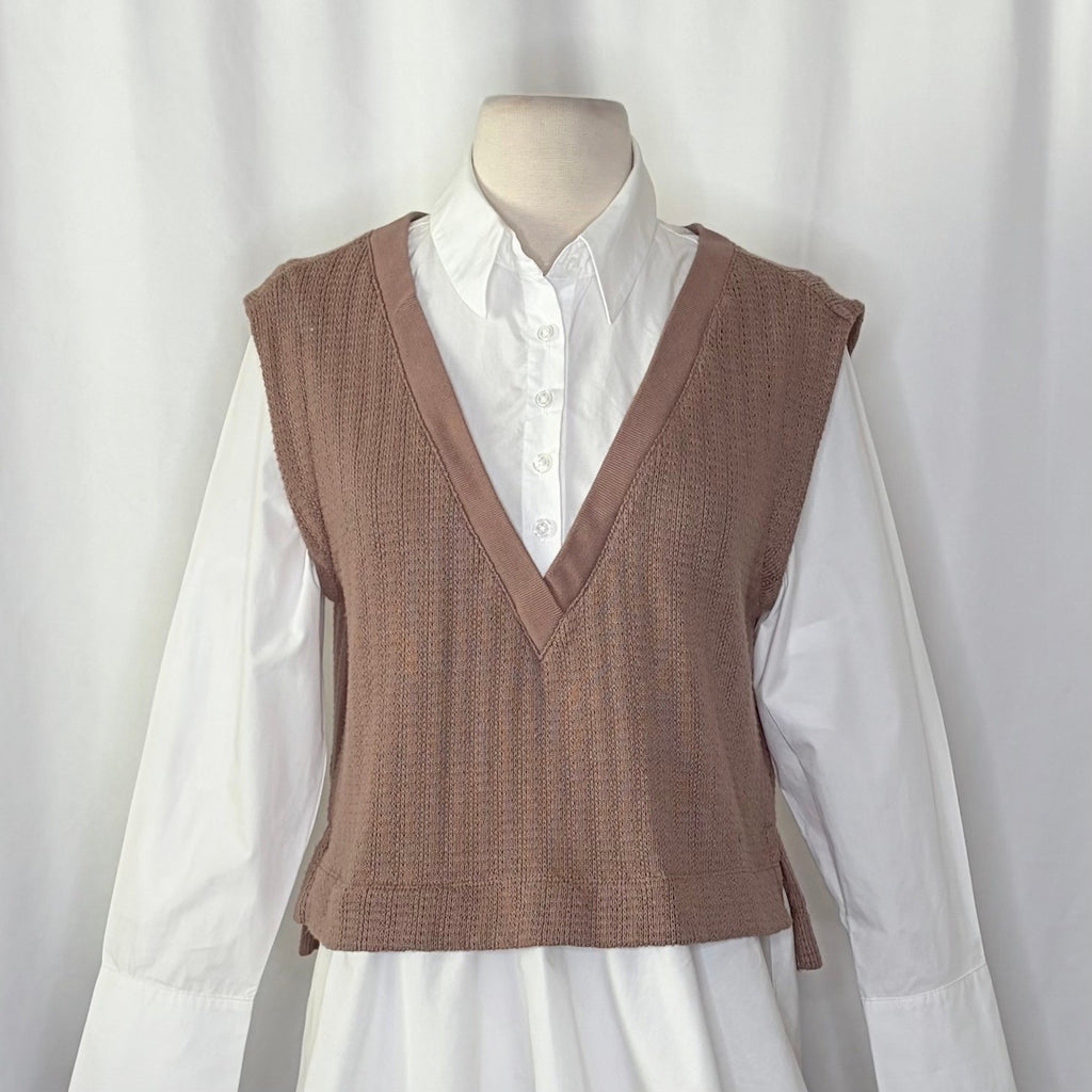 By ANTHROPOLOGIE Twofer Sweater Vest Shirt Blouse Layered Brown White X-Small