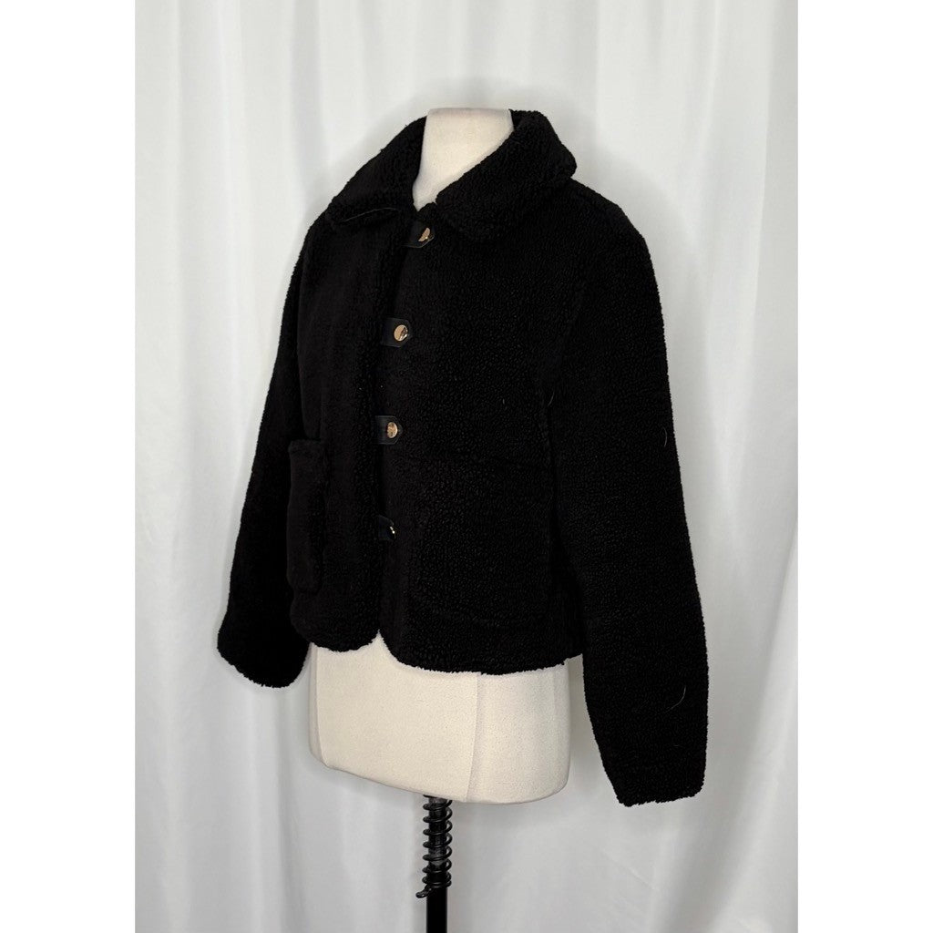 ZARA Black Sherpa Fuzzy Fleece Teddy Coat Faux Shearling Snaps Pockets Small