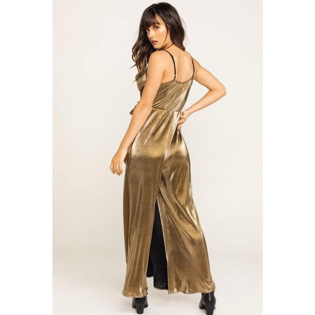 SHOW ME YOUR MUMU Jane Jumpsuit Gold Metallic Wrap Tie Waist Party Glam Small