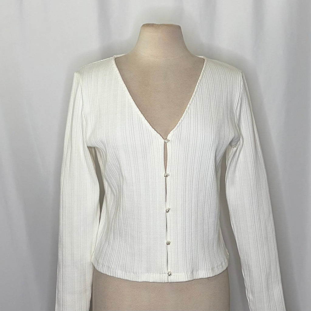 VINCE Pearl Button Cardigan Sweater Off White Ribbed Cropped V Neck X-Large