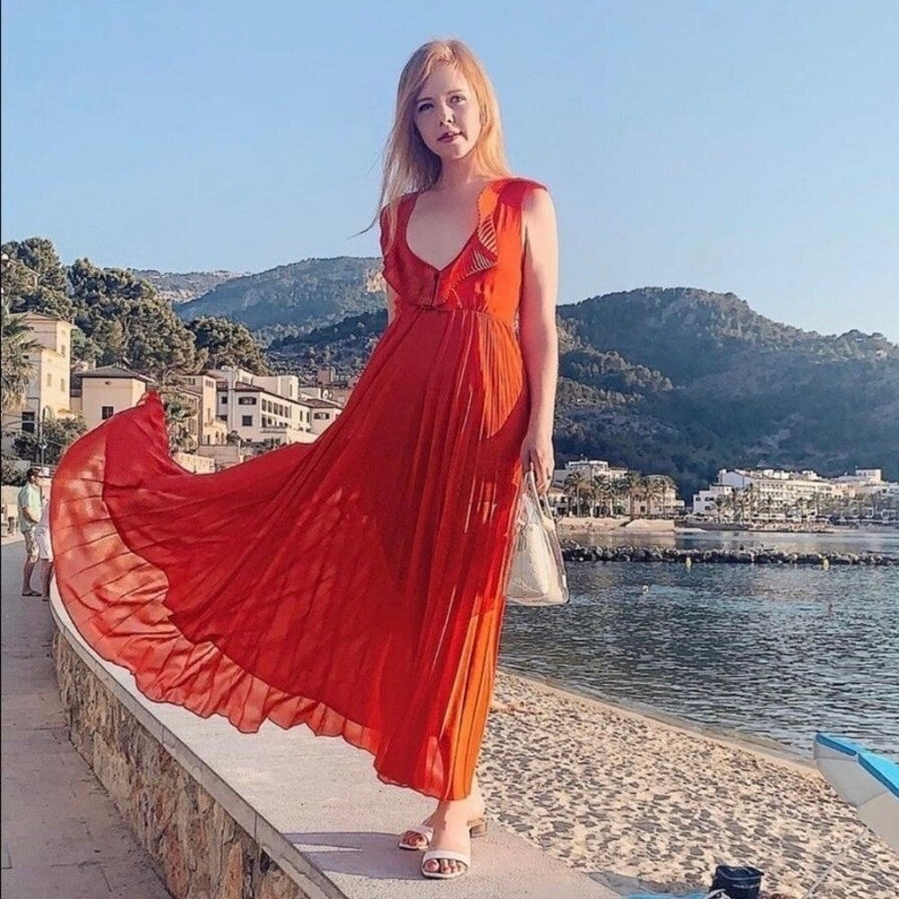 ZARA Pleated Ruffled Red Maxi Dress Plunge V Neckline Valentine 2731/060 Medium