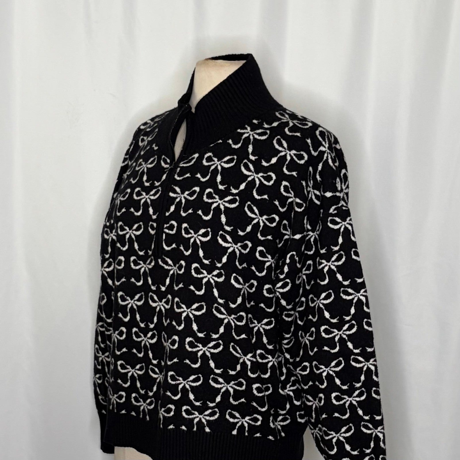 Anthropologie MAEVE Montana Bow Print Sweater Knit Mock Neck Half Zip Large