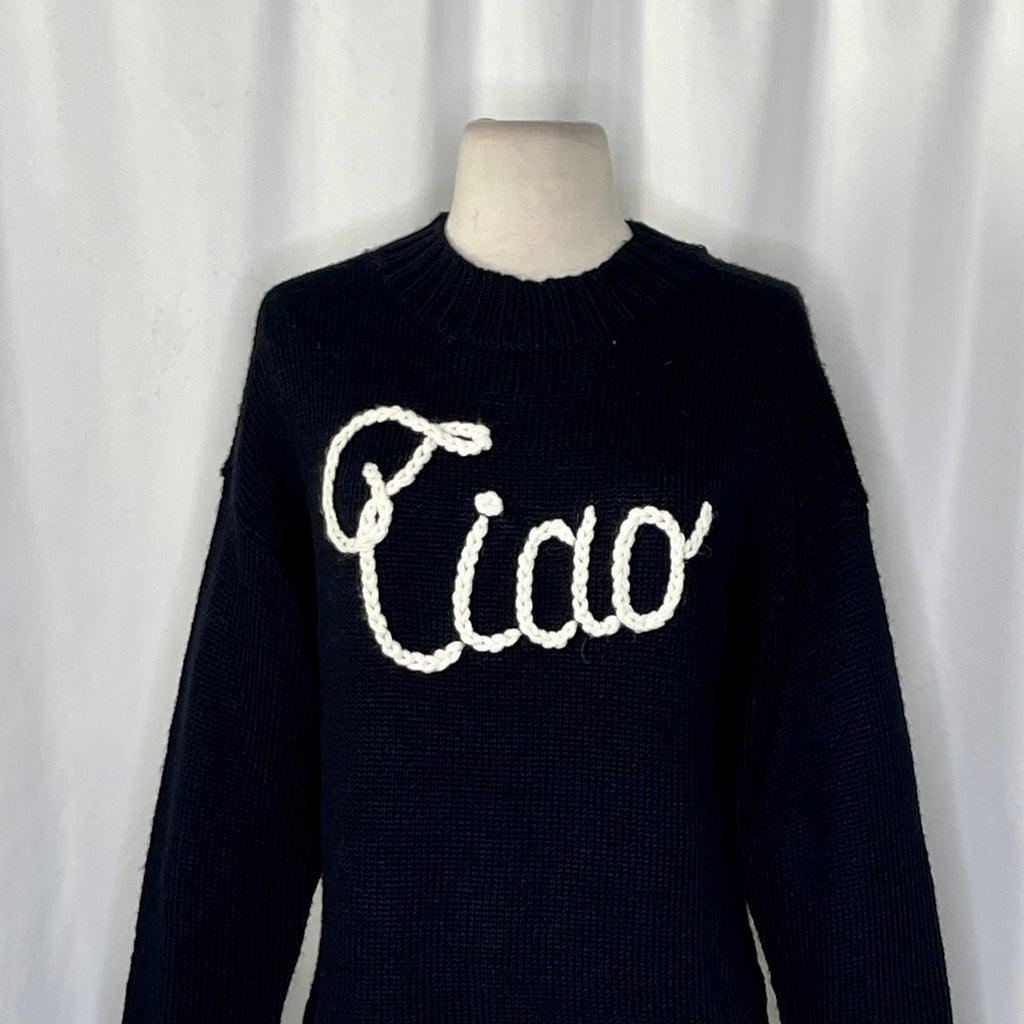 WILDFOX Couture Dinner Party Ciao Bella Black White Embroidered Sweater Small