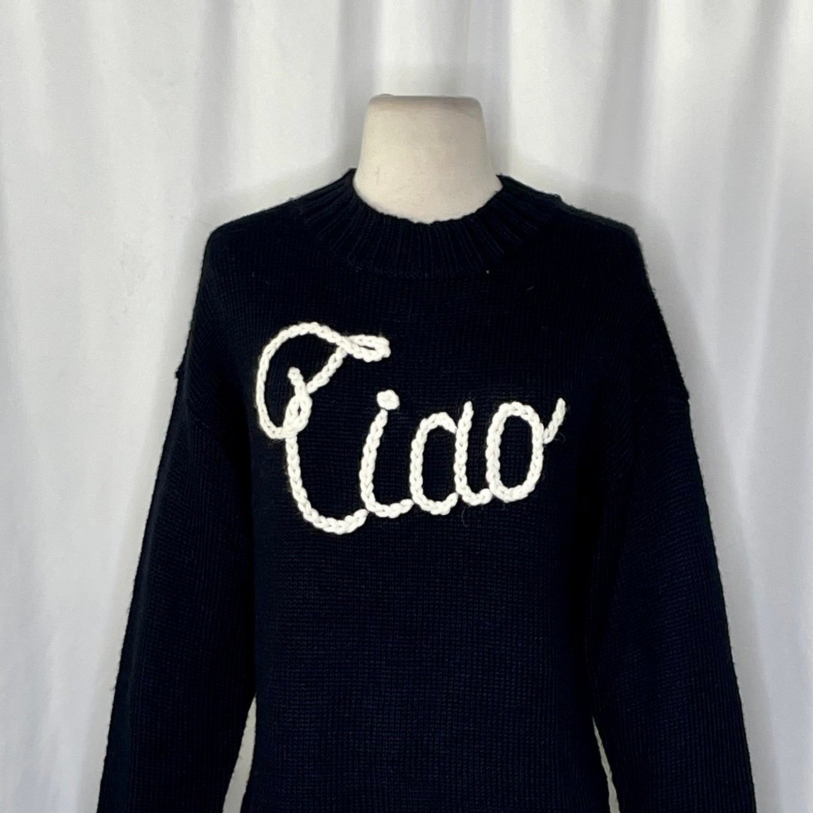 WILDFOX Couture Dinner Party Ciao Bella Black White Embroidered Sweater Small