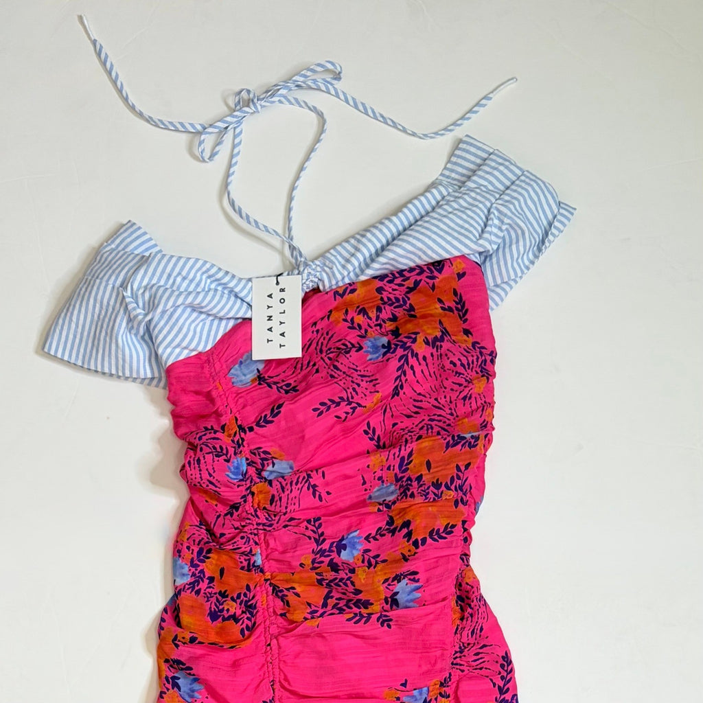 NWT!! TANYA TAYLOR Silk Virginia Dress Falling Floral Pink Striped Halter Size 0