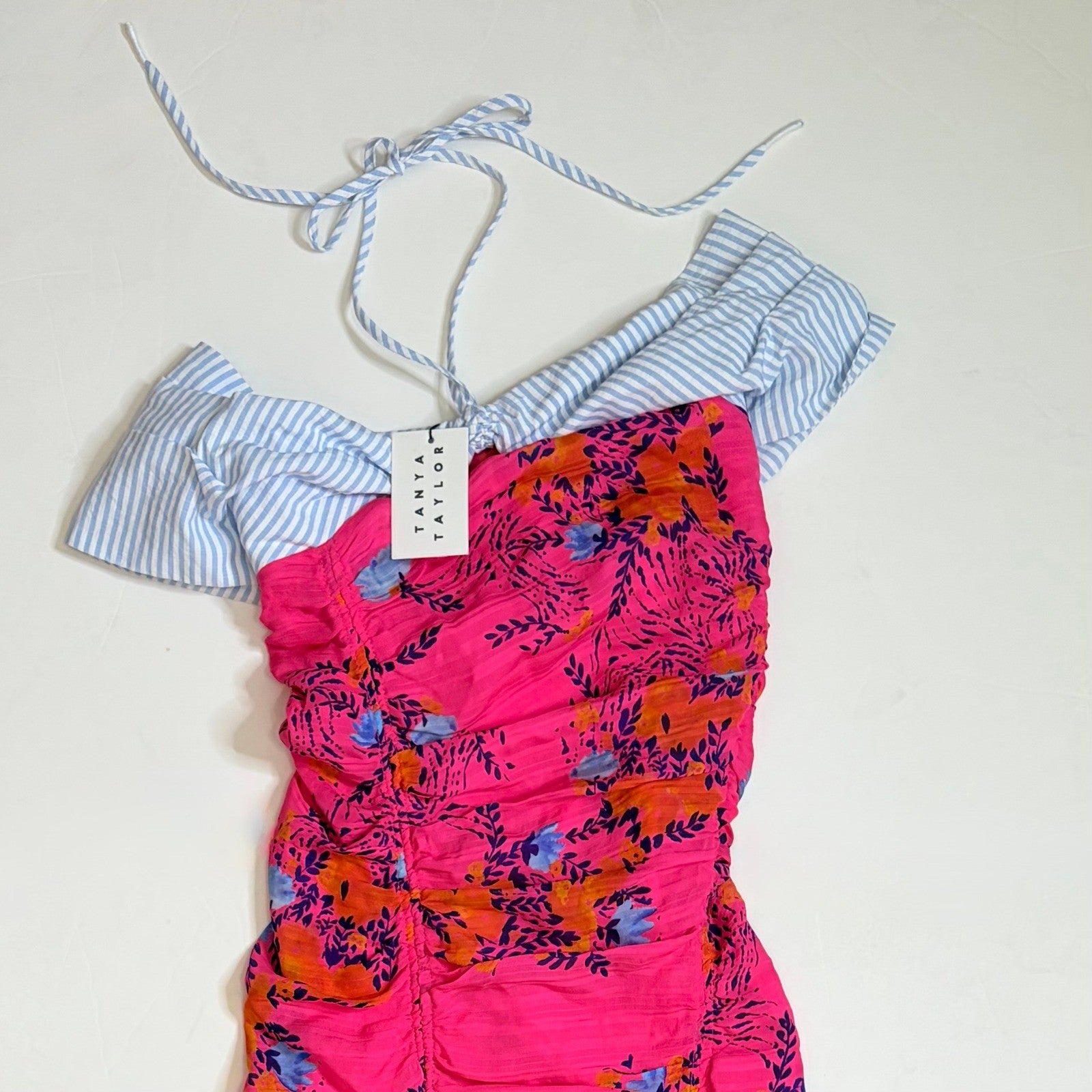 NWT!! TANYA TAYLOR Silk Virginia Dress Falling Floral Pink Striped Halter Size 0