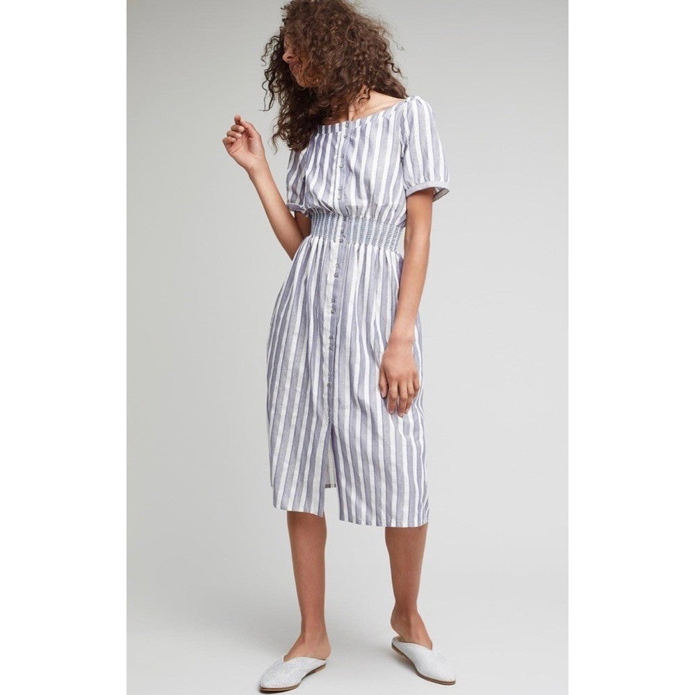 Anthropologie SEEN WORN KEPT Jenna Lurex Stripe Dress Blue White Midi – Curated Stash
