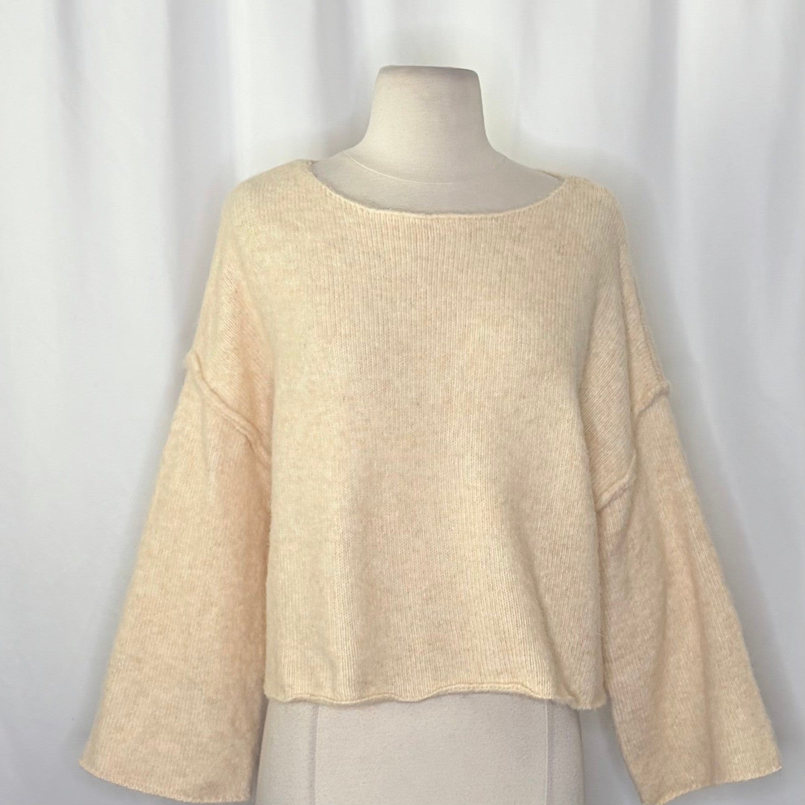 ZARA Bateau Neck Cropped Sweater Wool Solid Ivory Pullover Knit Knitwear Small