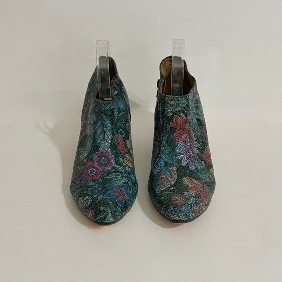 CALLEEN CORDERO Leather Green Floral Print Ankle Boots Booties Chunky Heels 9.5