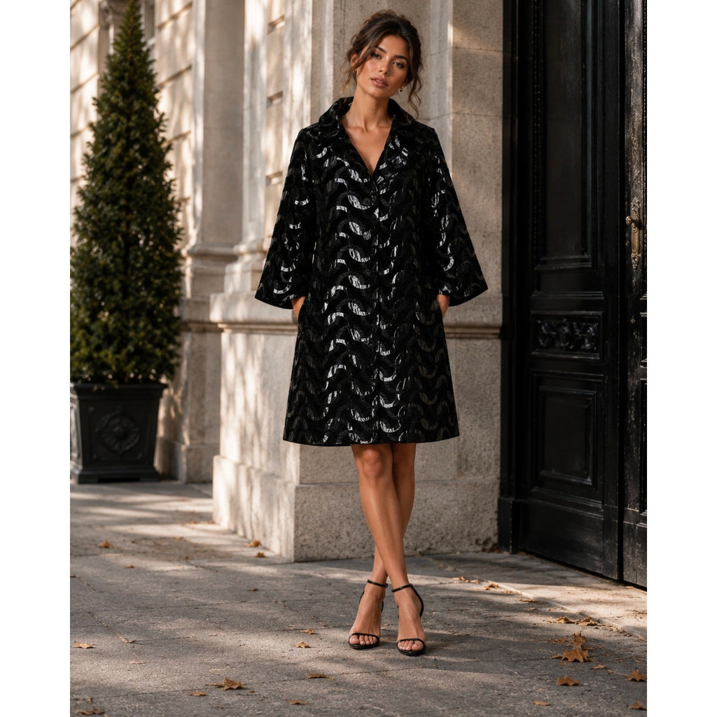 DESIGUAL Black Silver Jacquard Coat Pockets Embellished Buttons Chic 44 / Large