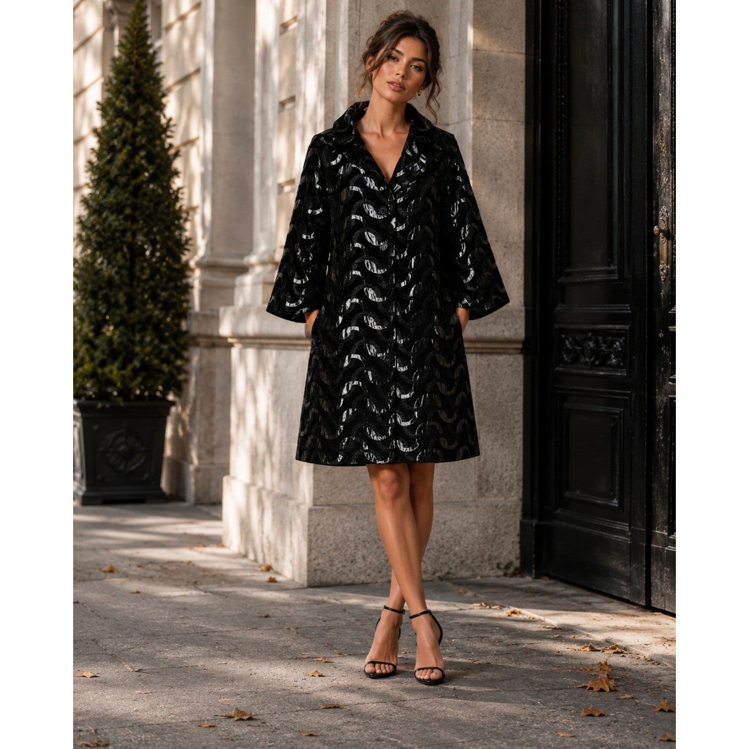 DESIGUAL Black Silver Jacquard Coat Pockets Embellished Buttons Chic 44 / Large