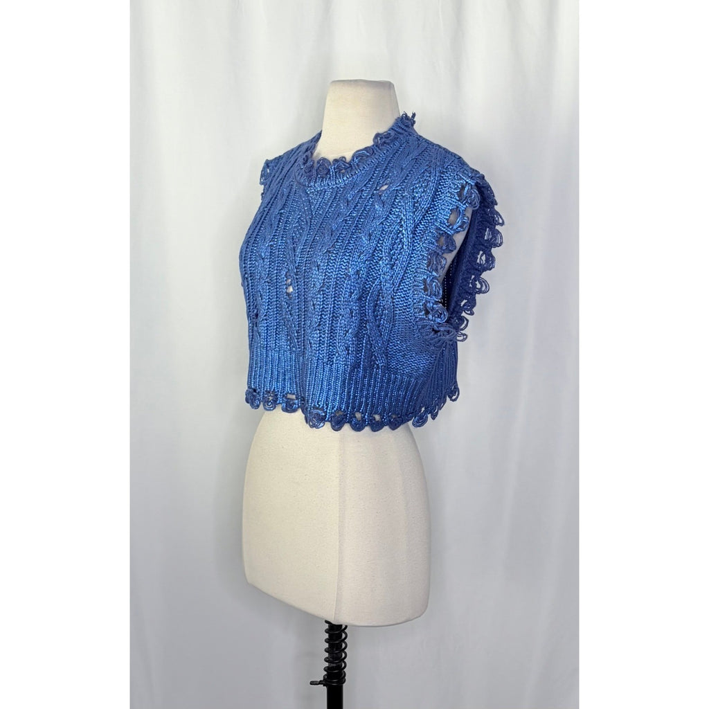 ZARA Metallic Blue Cropped Sweater Cableknit Distressed Cable Knit Crop Small