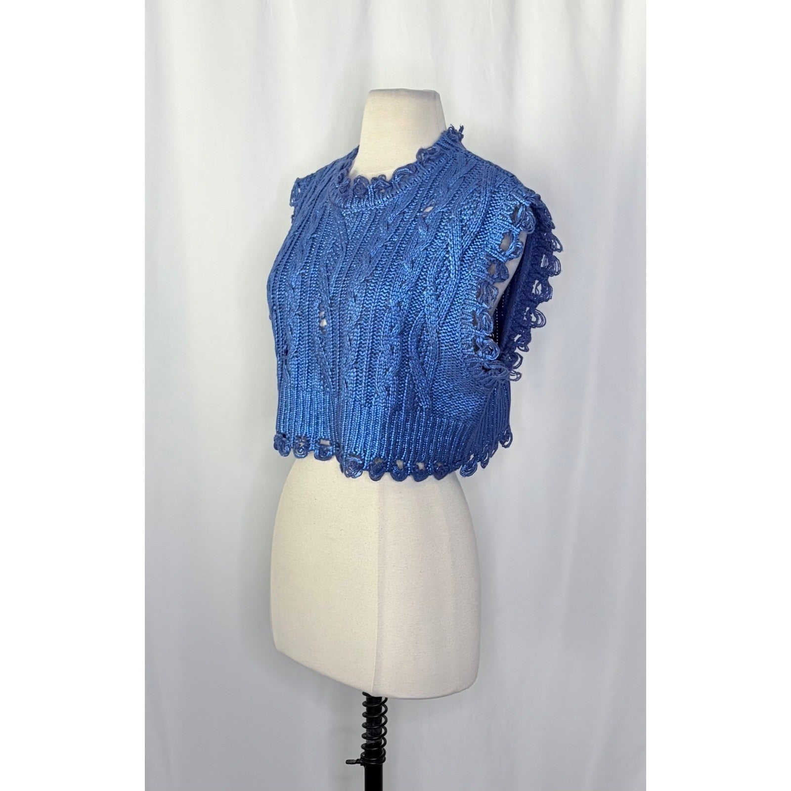 ZARA Metallic Blue Cropped Sweater Cableknit Distressed Cable Knit Crop Small