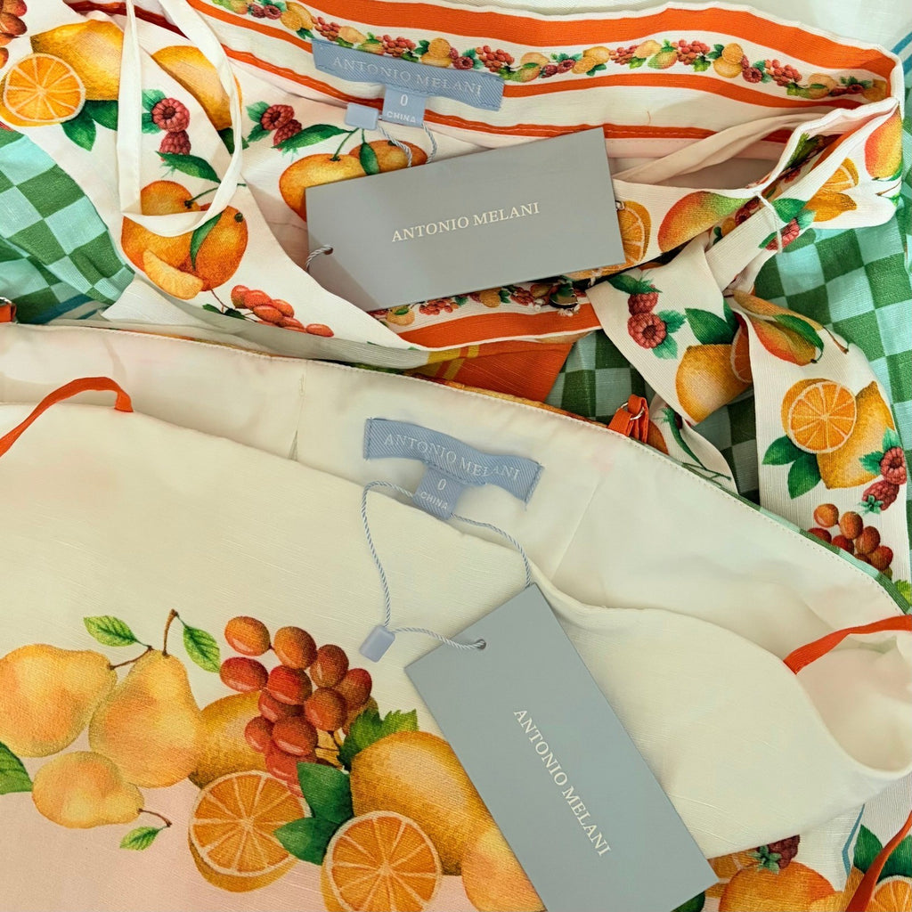 NWT!! ANTONIO MELANI Citrus Bliss Callista Cropped Linen Top Clio Mid Skirt 0