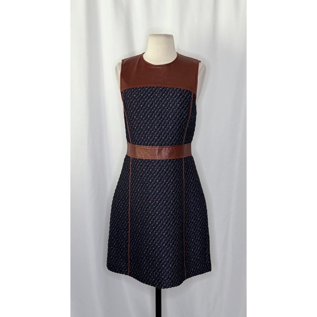 THEORY Calvino Mixed Media Tweed Lamb Leather Dress Brown Blue Fit and Flare 6