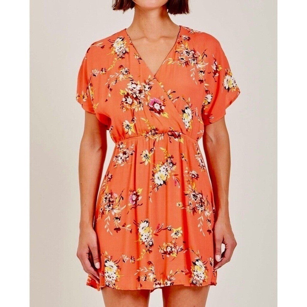 OBEY Pinot Floral Mini Dress Dolman Surplice Coral Pink Orange Boho X-Small