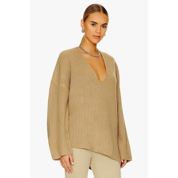 Revolve WEWOREWHAT Solid V Neck Sweater Solid Tan Oat Oversized Knitwear M/L