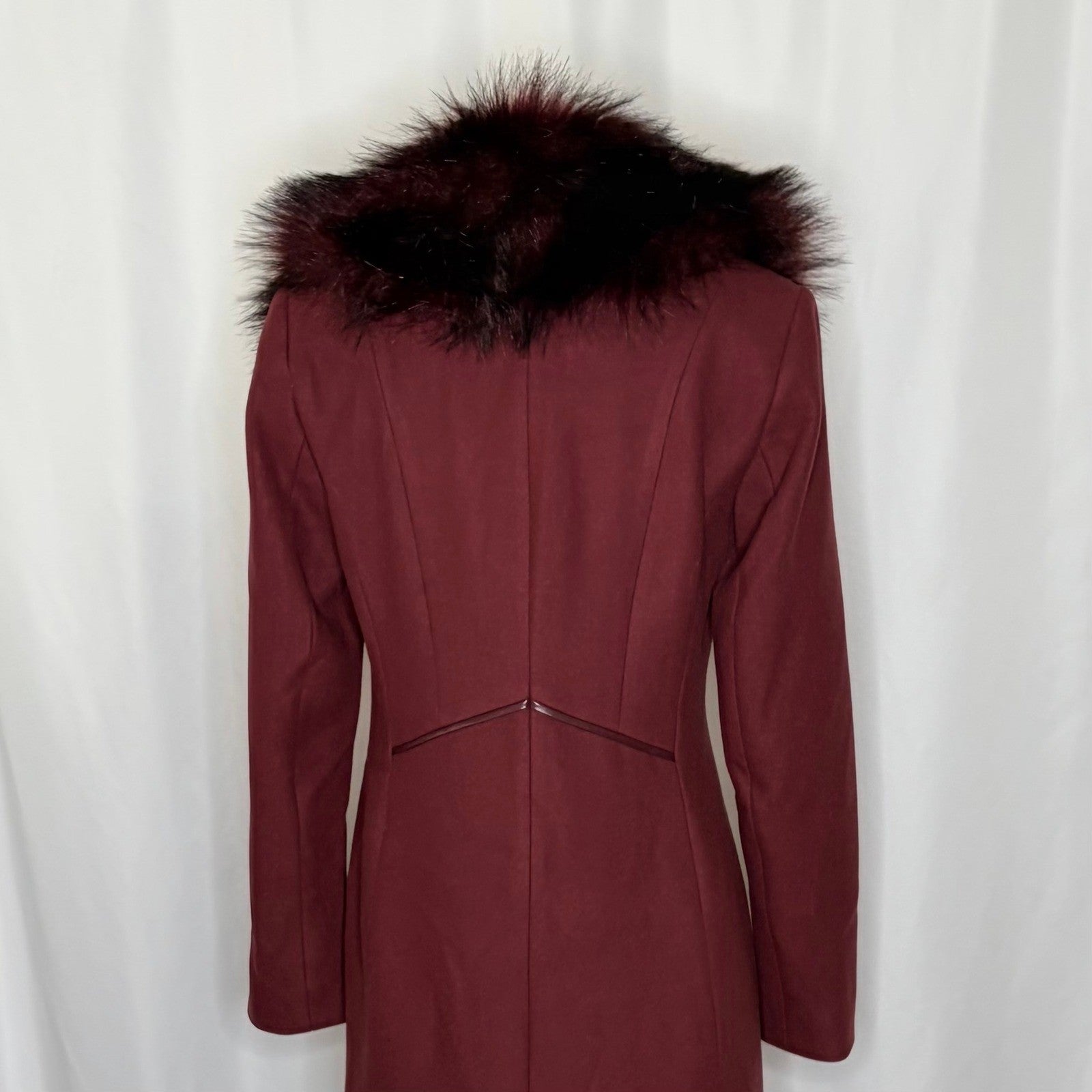 WHBM Burgundy Long Coat Removable Faux Fur Collar White House Black Market XS