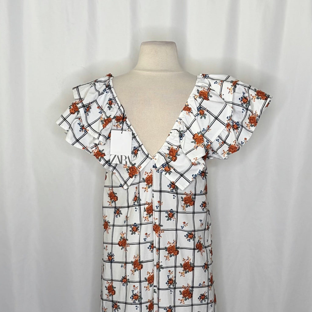 NWT!! ZARA Floral Plaid Lattice Ruffle Sleeve Dress Shift Blogger Favorite Large
