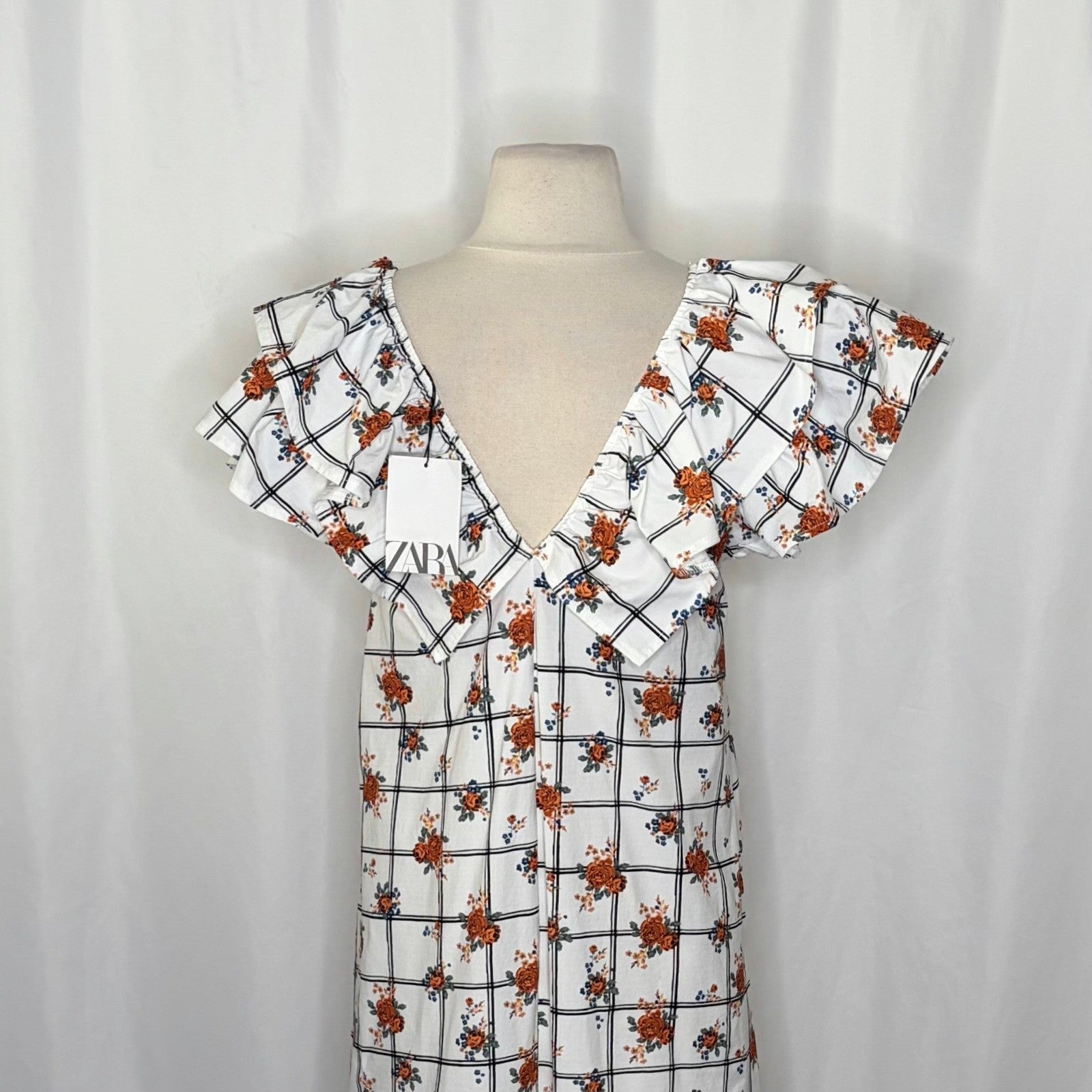 NWT!! ZARA Floral Plaid Lattice Ruffle Sleeve Dress Shift Blogger Favorite Large