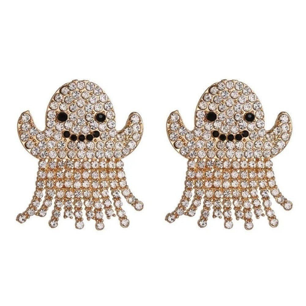 NEW Rhinestone Ghost Stud Earrings Glam Halloween Spooky Spirit Embellished