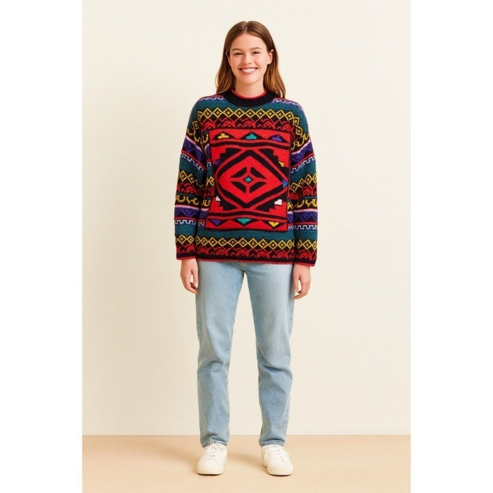 Vintage KITTY HAWK Bright Colorful Pullover Sweater Fairisle Geometric Medium