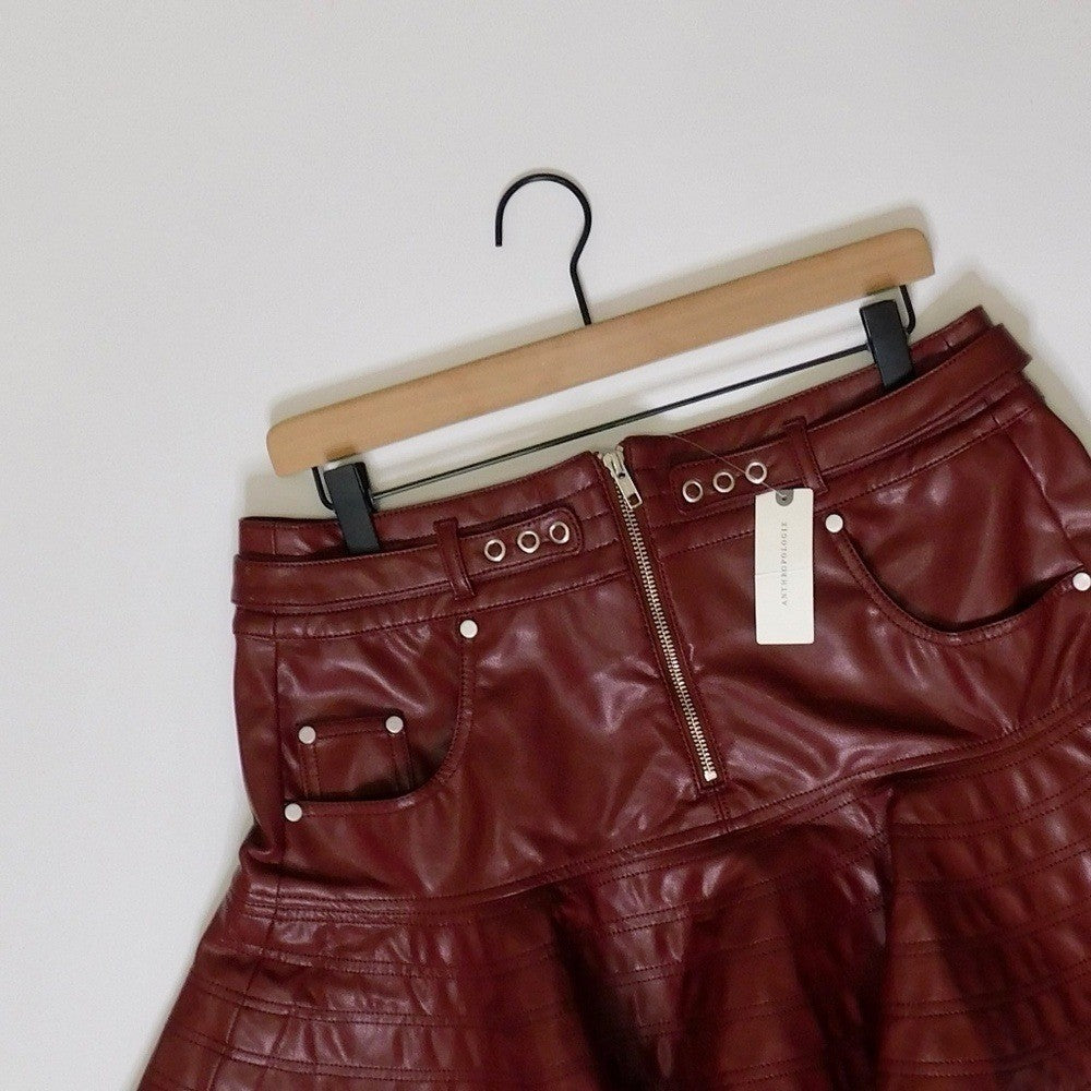 NWT!! Anthropologie PILCRO Fit-and-Flare Faux Leather Mini Skirt Wine Moto 12