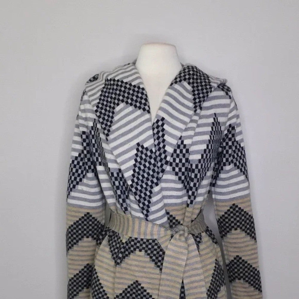 Anthropologie FIELD FLOWER Chevron Stripe Belted Wool Sweater Coat Hood X-Small