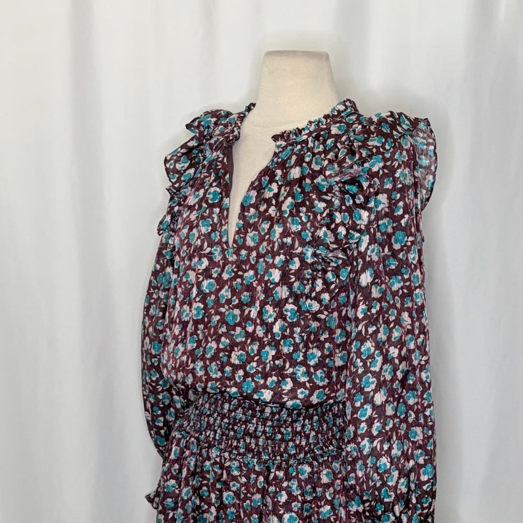 RAMY BROOK Silk Penelope Dress Roco Floral Mini Ruffled Smocked Purple Teal XS