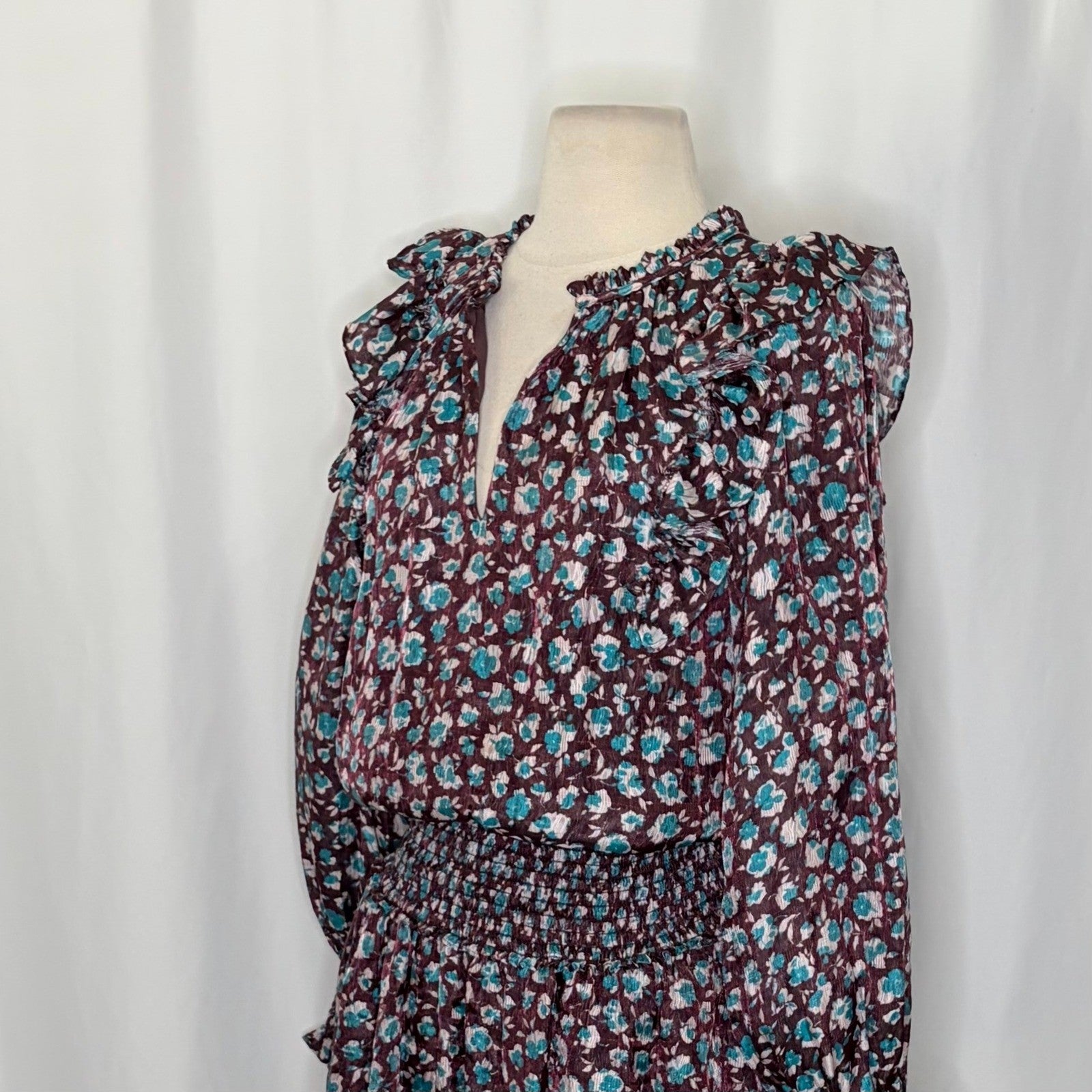 RAMY BROOK Silk Penelope Dress Roco Floral Mini Ruffled Smocked Purple Teal XS