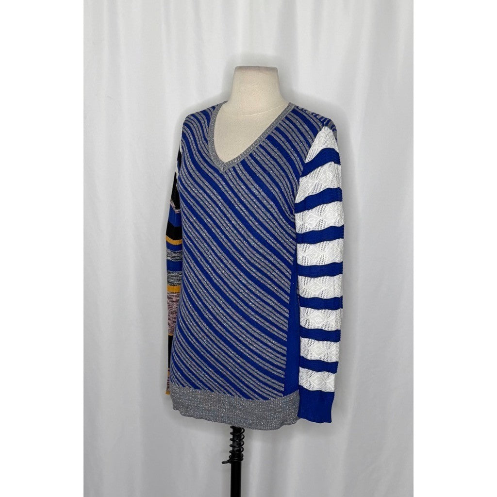 DESIGUAL Nieves V-Neck Pullover Sweater Colorful Stripes Metallic Large