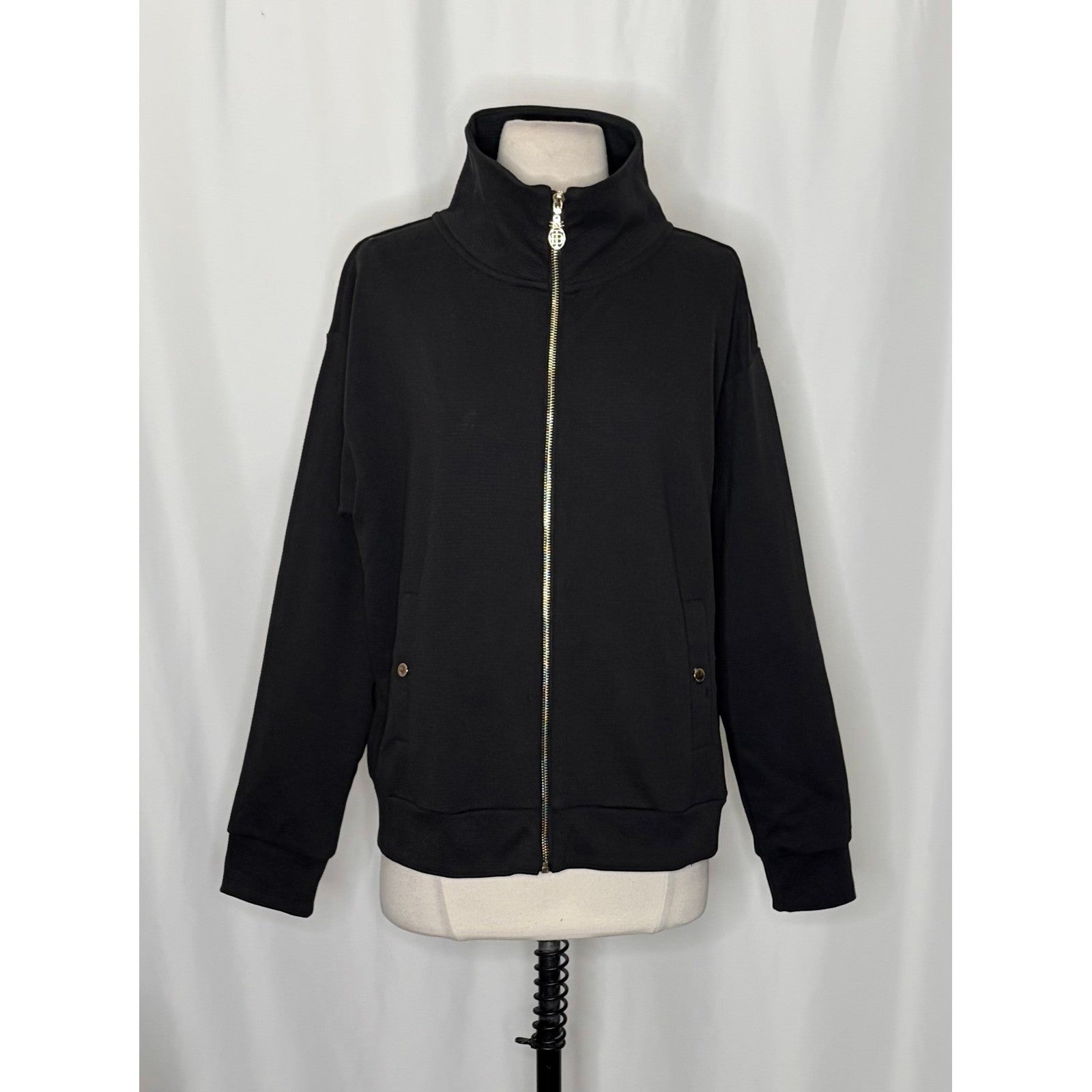TOMMY BAHAMA Black Ribbed Knit Full Zip Jacket Gold Pineapple Hardware Medium