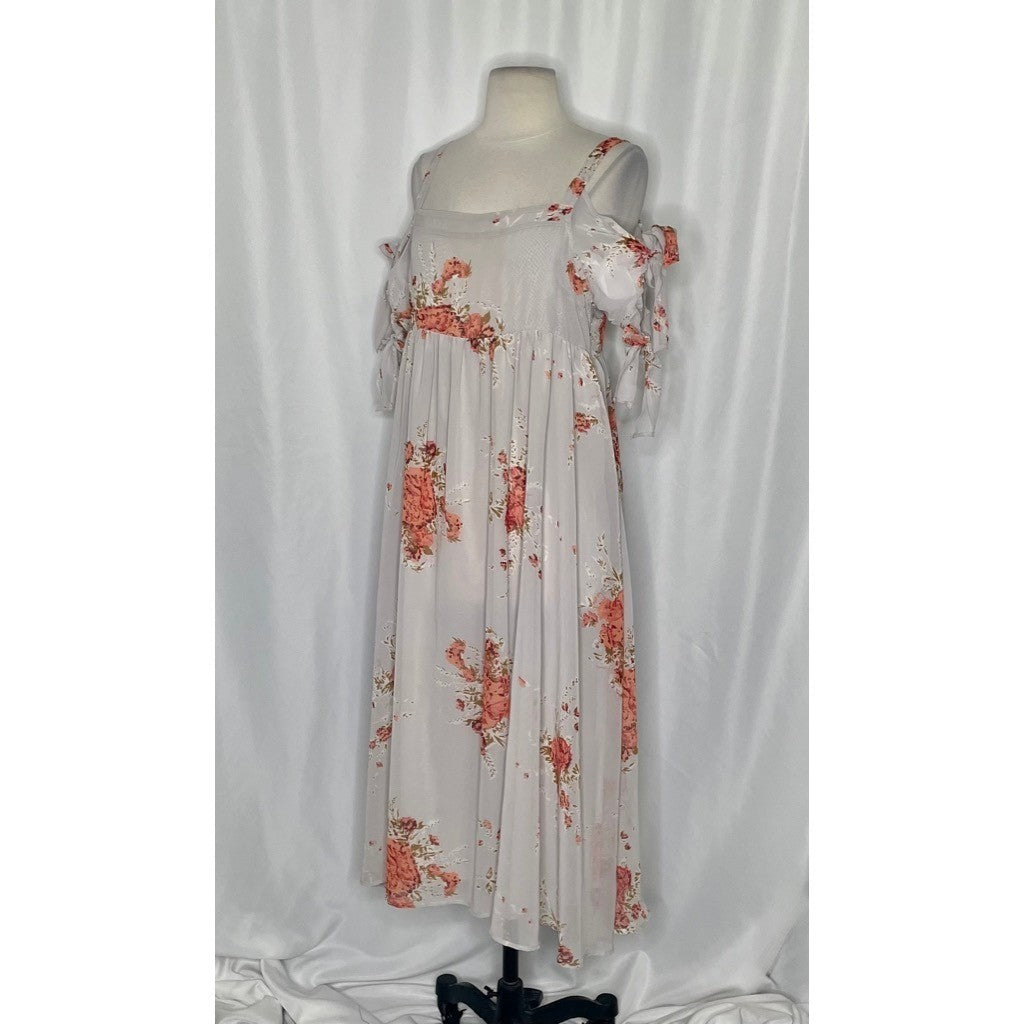 FREE PEOPLE Tied To You Floral Midi Dress Sand Combo Chiffon Bohemian Small
