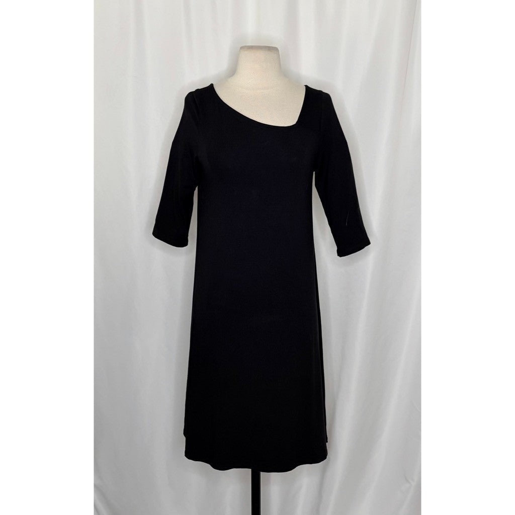EILEEN FISHER Black Knit Shift Dress Half Sleeves Asymmetrical Neckline X-Small