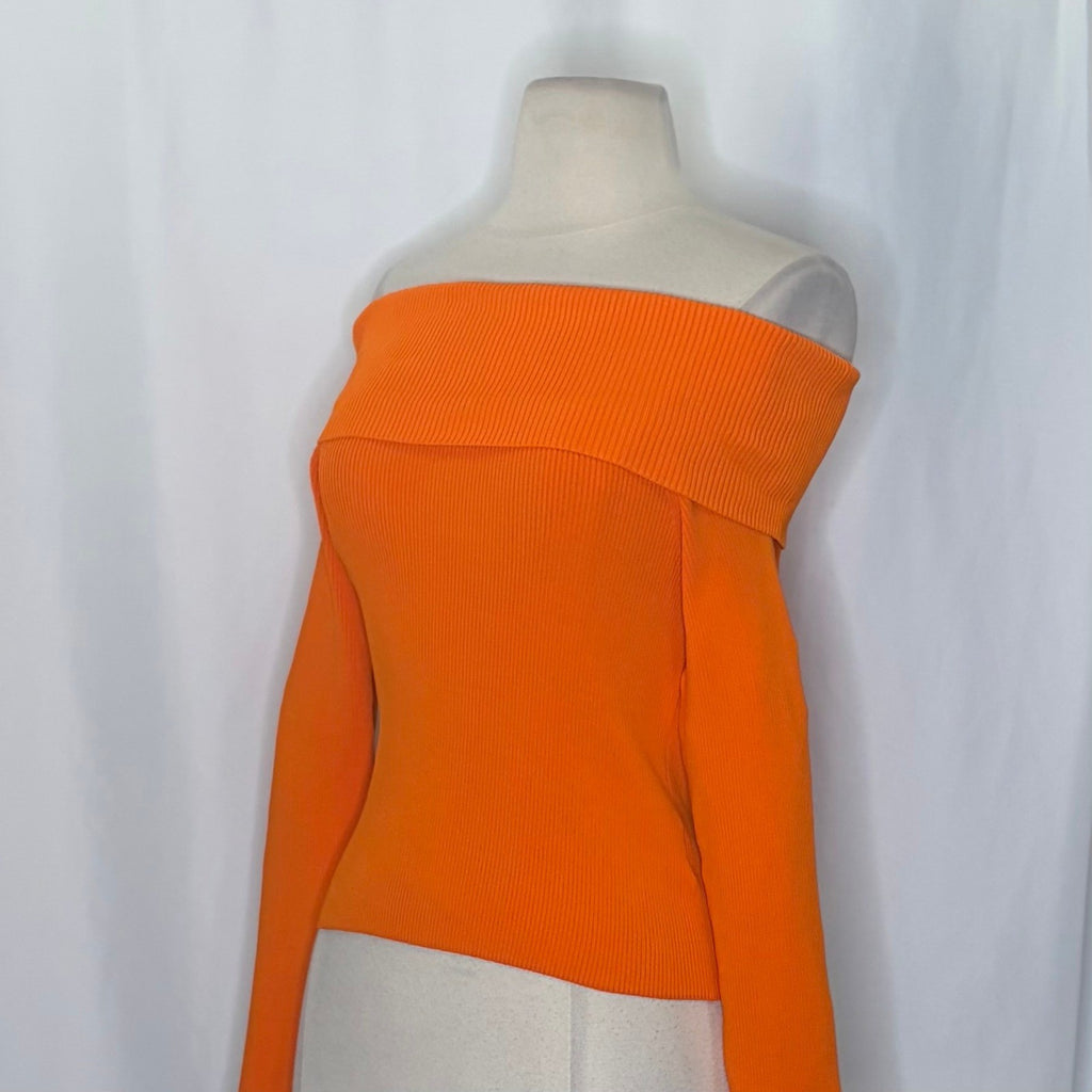 ALICE + OLIVIA Dolan Pullover Orange Blaze Knit Off The Shoulder Sweater Small