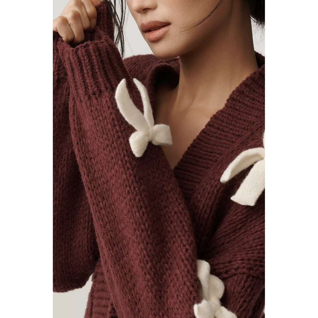 NWT!! Anthropologie MAEVE The Alicia 3D Bow Cropped Cardigan Dark Wine One Size