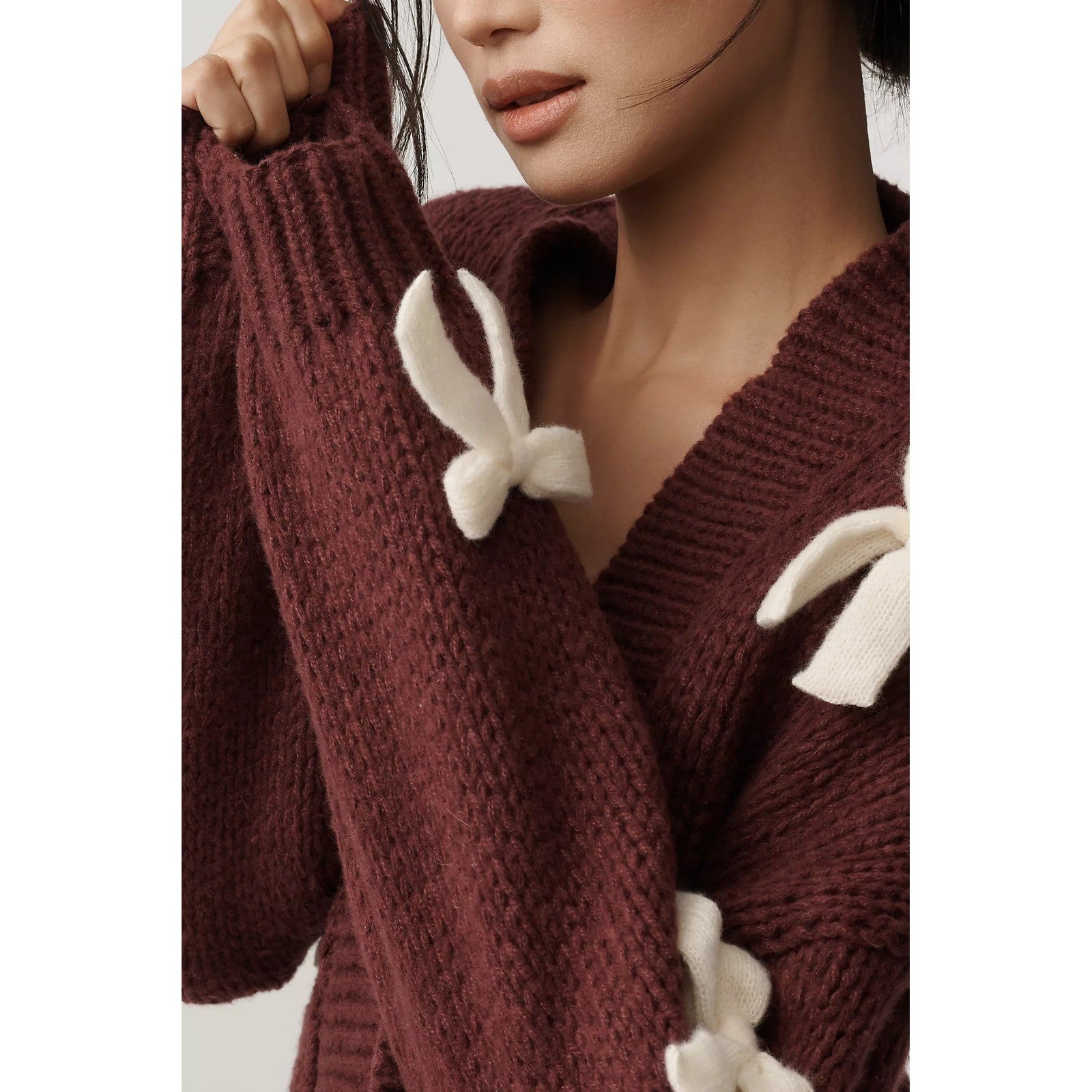 NWT!! Anthropologie MAEVE The Alicia 3D Bow Cropped Cardigan Dark Wine One Size
