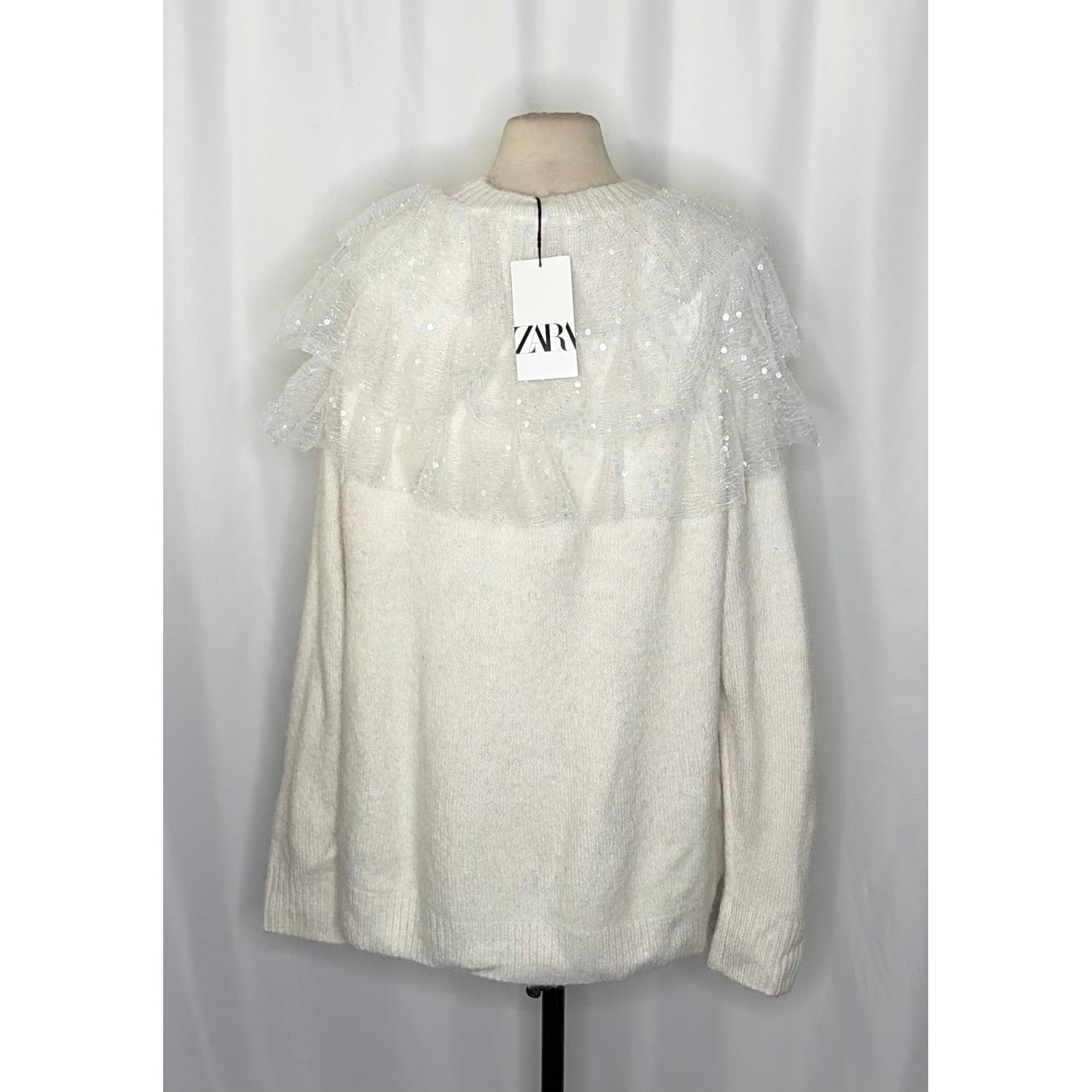 NWT!! ZARA Chic Tulle Ruffled Sequins Knit Sweater Off White Pullover Medium