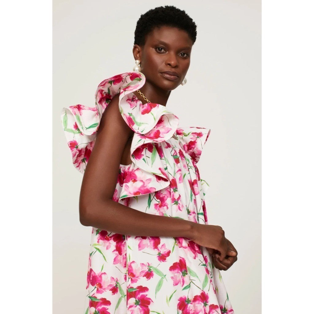 MISA Los Angeles Selma Floral Dress Ruffled A-Line Mini White Pink X-Small