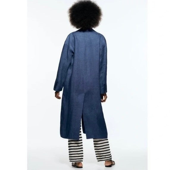 ZARA Limited Edition Linen Coat Buttons Pockets Double Breasted Blue X-Small