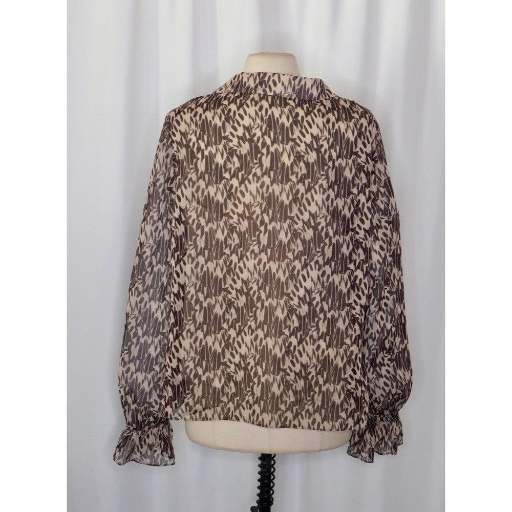 TED BAKER Bertei V Neck Ruffle Blouse Top Brown Abstract Chic Size 6 / US 14