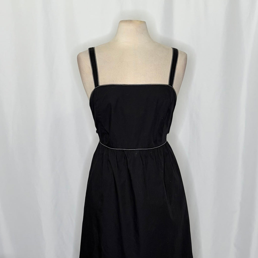 ZARA Luiza Black Midi Dress Tie Back Contrast Stitching Pockets Poplin X-Large