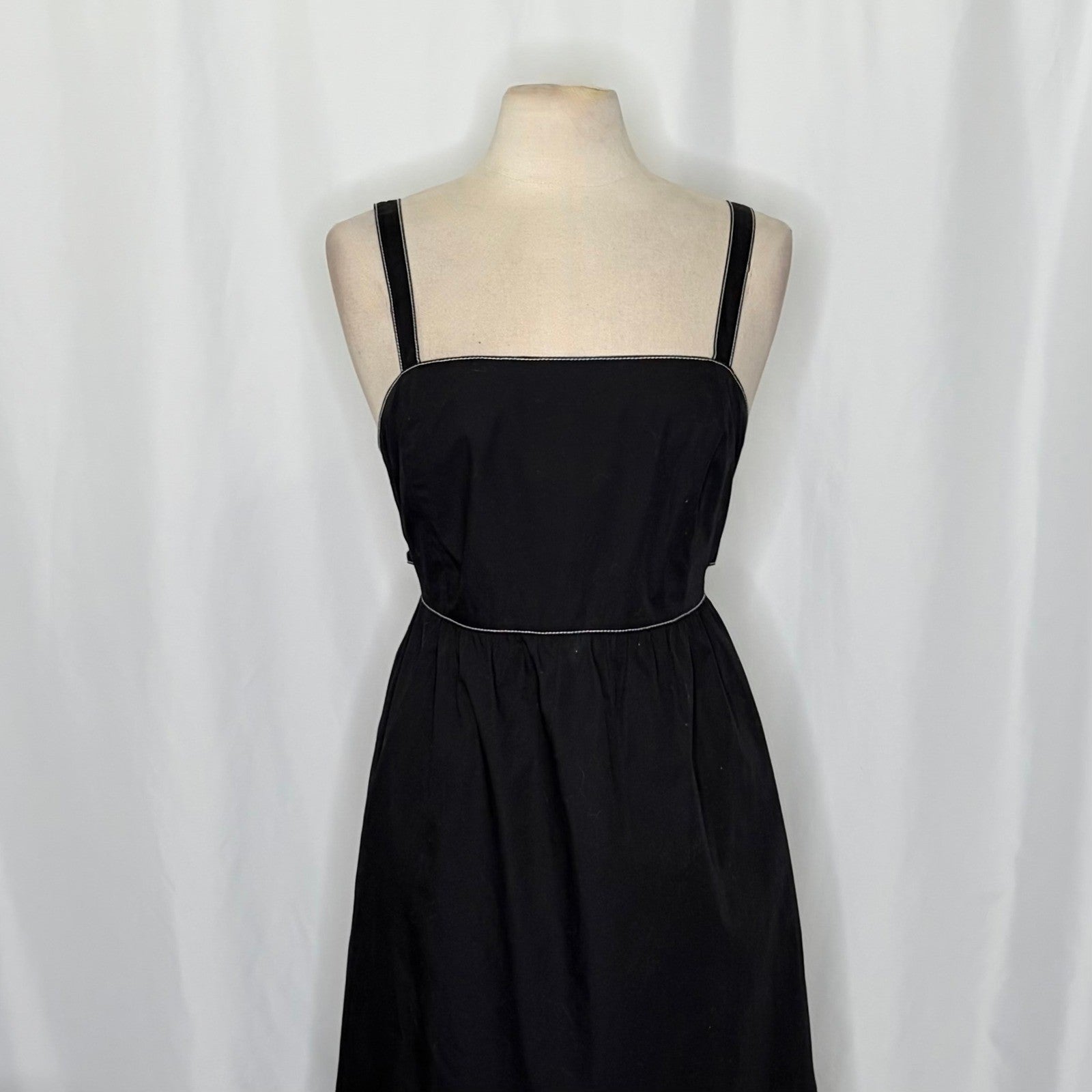 ZARA Luiza Black Midi Dress Tie Back Contrast Stitching Pockets Poplin X-Large