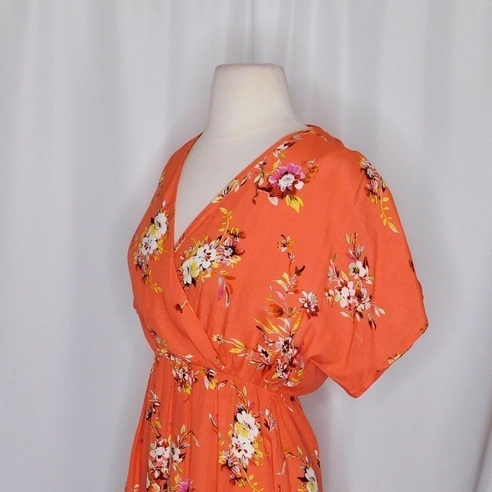 OBEY Pinot Floral Mini Dress Dolman Surplice Coral Pink Orange Boho X-Small