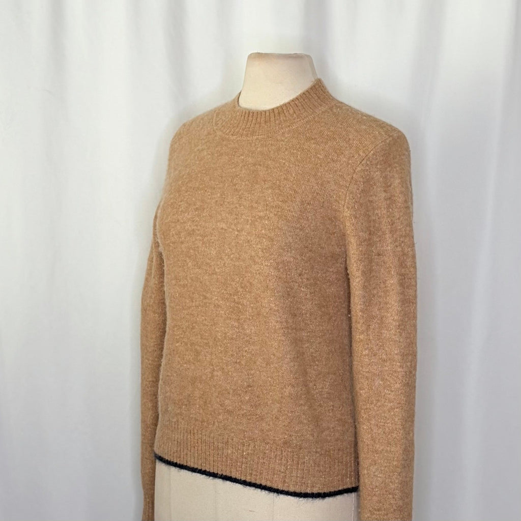 VINCE Contrast Tip Wool Alpaca Pullover Sweater Camel Brown Navy Blue Medium