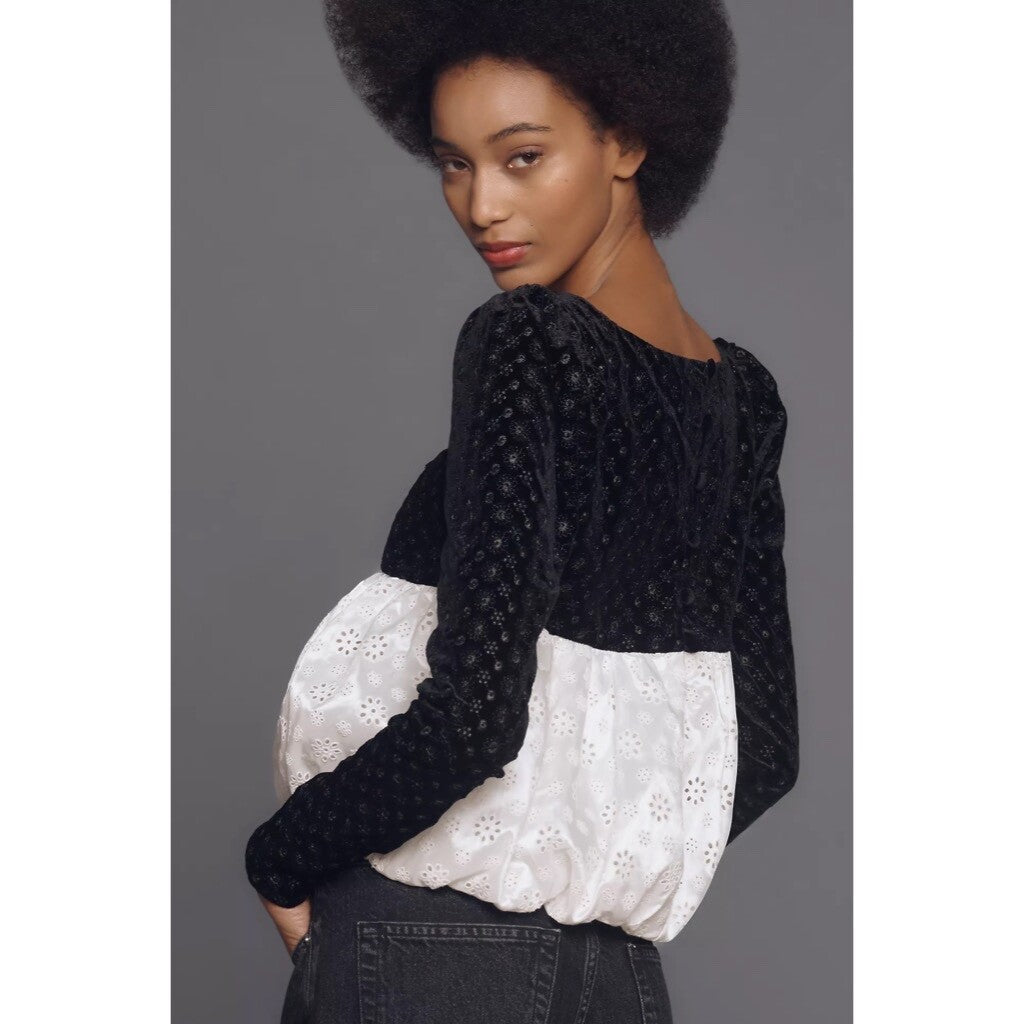 NWT!! FOR LOVE AND LEMONS Elisa Long Sleeve Top Black Velvet Taffeta Eyelet XS