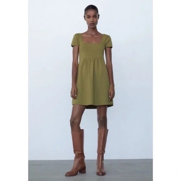 ZARA Squared Mini Babydoll Dress Puff Sleeves Solid Olive Green Knit Small